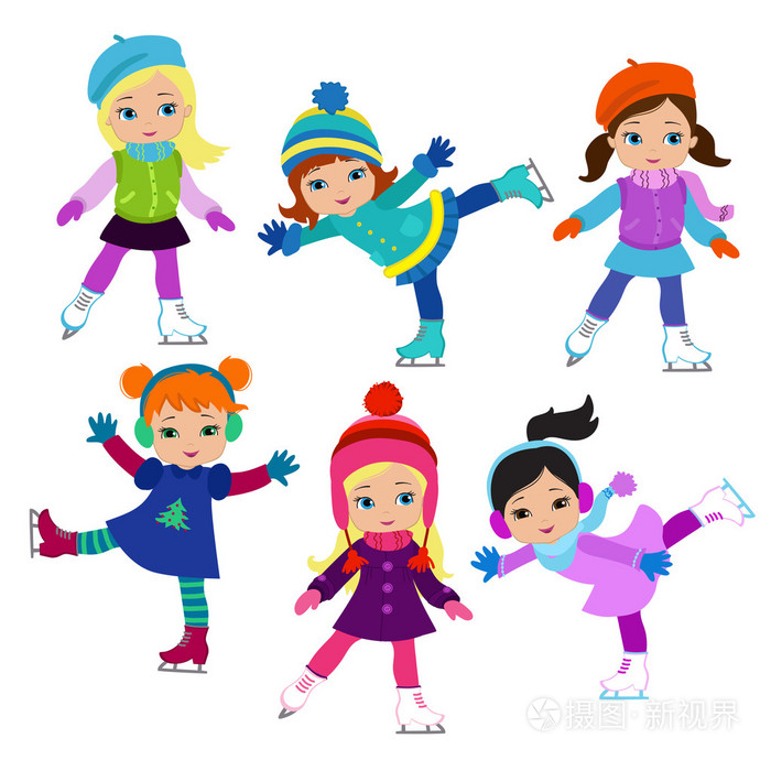 穿着冬装滑冰的有趣女孩被隔离在白色的背上插画-正版