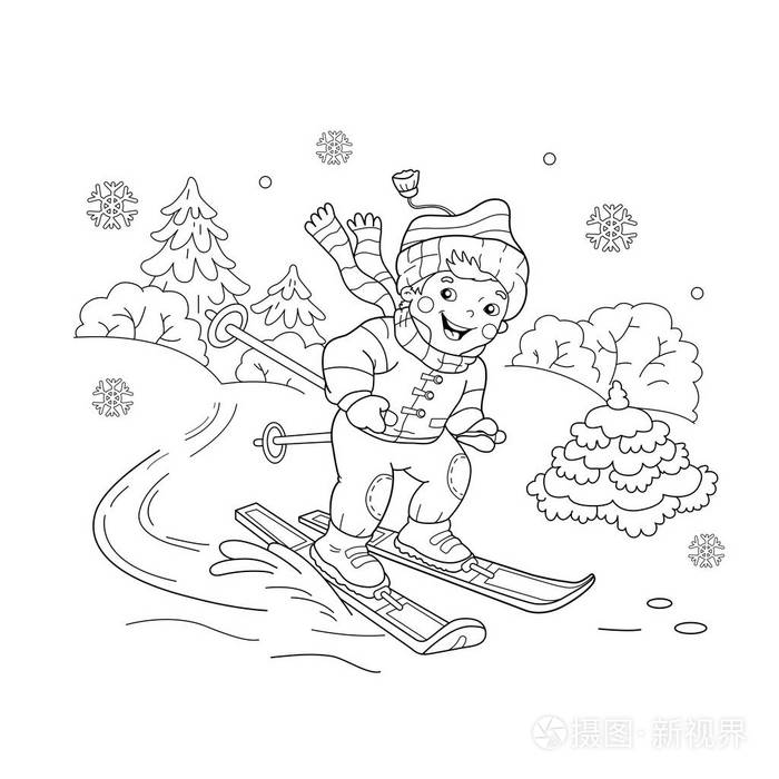 着色页大纲的卡通男孩骑在雪橇上.冬季运动项目.孩子们的图画书
