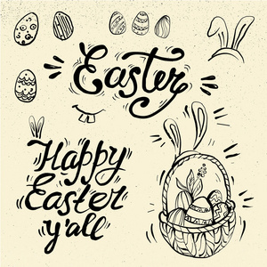 手写的复活节短语。贺卡文本模板与复活节彩蛋在老式背景。鸡蛋篮