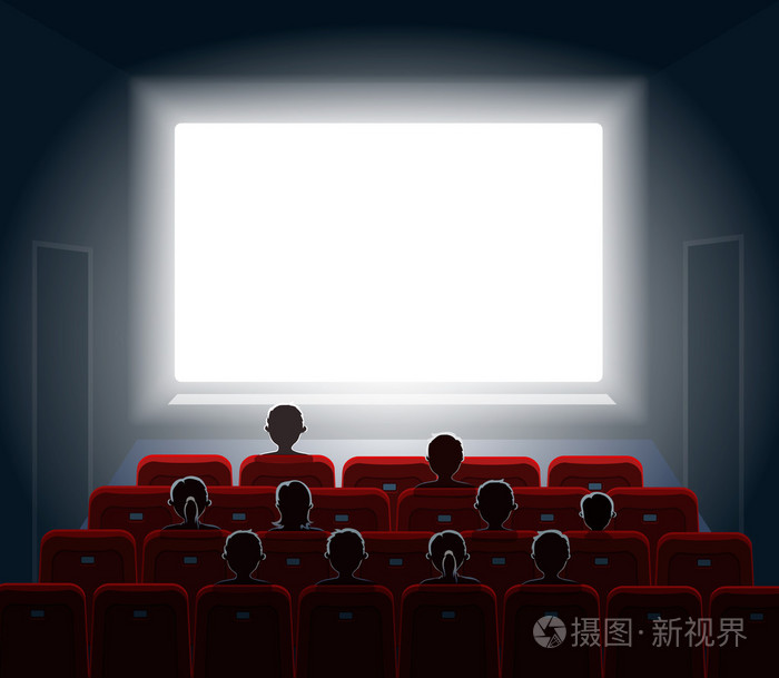 看电影在电影院大厅的人.电影屏幕, 显示或音乐会.矢量图