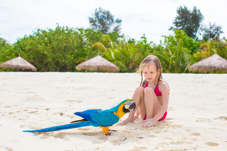 可爱快乐的小女孩，与彩色鹦鹉在海滩度假期间