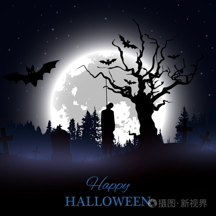快乐的万圣节海报.背景与幽灵般的墓地,裸树,坟墓,蝙蝠和绞死人的剪影