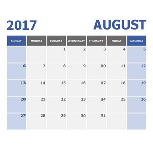 2017 8 月日历周从星期日开始