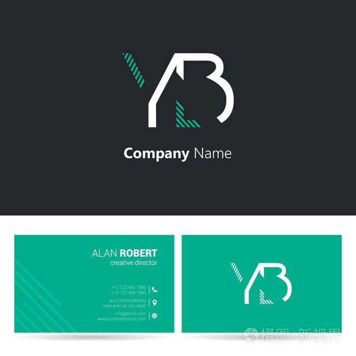 黑色和绿色标志设计和名片模板的波形字母 yb