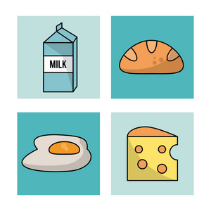 白色背景与食品框架如何牛奶盒和面包, 鸡蛋和奶酪