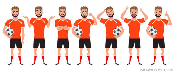 足球运动员字符构造函数。足球运动员不同的姿势, 情绪设置