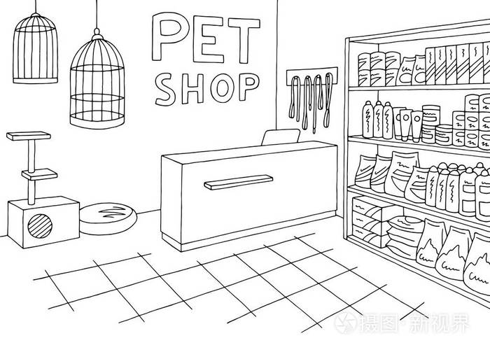 宠物店商店图形内部黑色白色素描插图矢量插画-正版商用图片0ga6ys-摄
