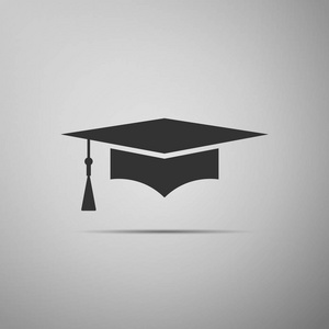 在灰色背景下隔离的毕业帽图标。带流苏图标的毕业帽。平面设计。矢量插图