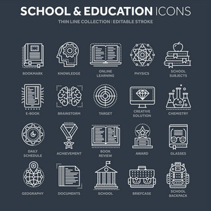 学校教育, 大学。学习, 学习过程。在线课程, 教程。学生知识。历史书。细线白色 web 图标集。大纲图标集合。矢量插图