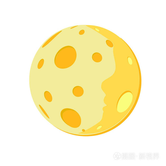 插画 全黄色的月球上有陨石坑的宇宙.简单图标 在白色背景上隔离.