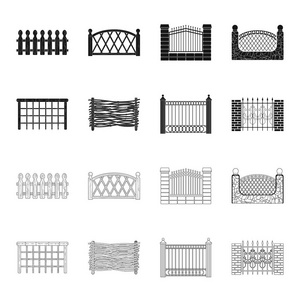 一块金属和砖块的栅栏, 木栅栏。一个不同的围栏集合图标在黑色, 轮廓样式矢量符号股票插画网站