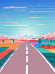 矢量夏日日落画海报上的主题是公路之旅高山蓝天地飞机乡村景观探险旅游航海野营户外休闲冒险自然度假。现代设计。