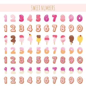 甜蜜的数字设置在柔和的粉红色。不同的质地冰淇淋, 巧克力, 饼干, 棒糖