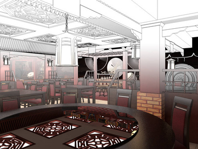 渲染中式餐厅室内设计的黑白素描
