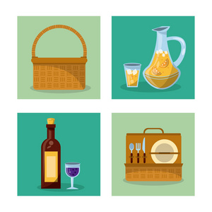 白色背景以野餐元素的框架与野餐篮子和酒瓶和餐具集合和果汁罐