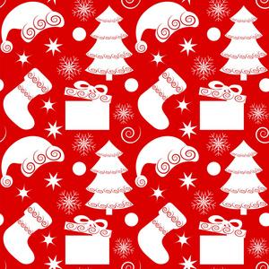 与圣诞元素的无缝模式。圣诞树 礼品 袜子 雪花 星星 红色背景上圣诞老人的帽子