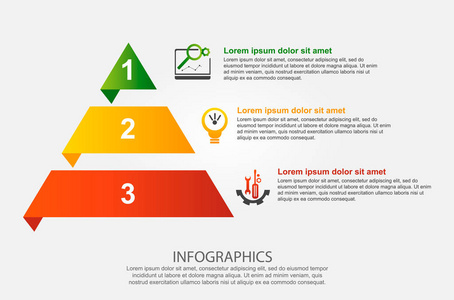 现代矢量插画3d。图表的金字塔的模板与三个元素, 长方形。包含图标和文本。专为商务演示网页设计图3步设计