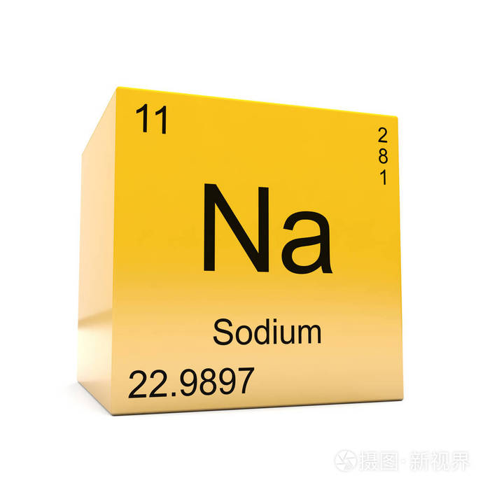 在光滑黄色立方体上显示的周期性表中的钠化学元素符号