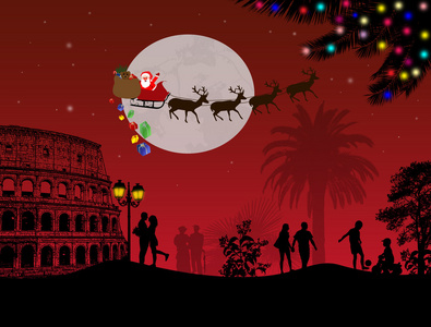 人们在晚上在罗马与圣诞老人