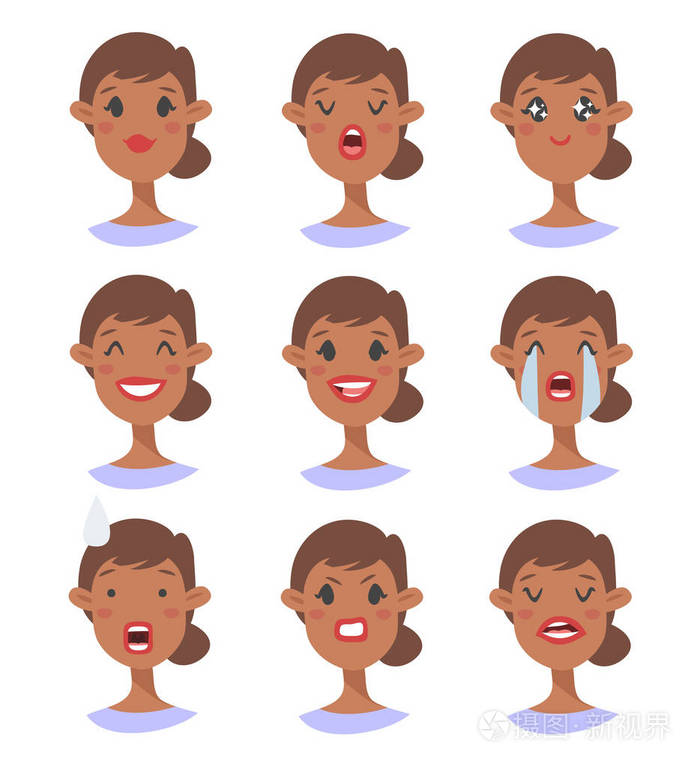 孤立的女孩头像与不同的面部表情.平面插画黑人女性人脸情绪.