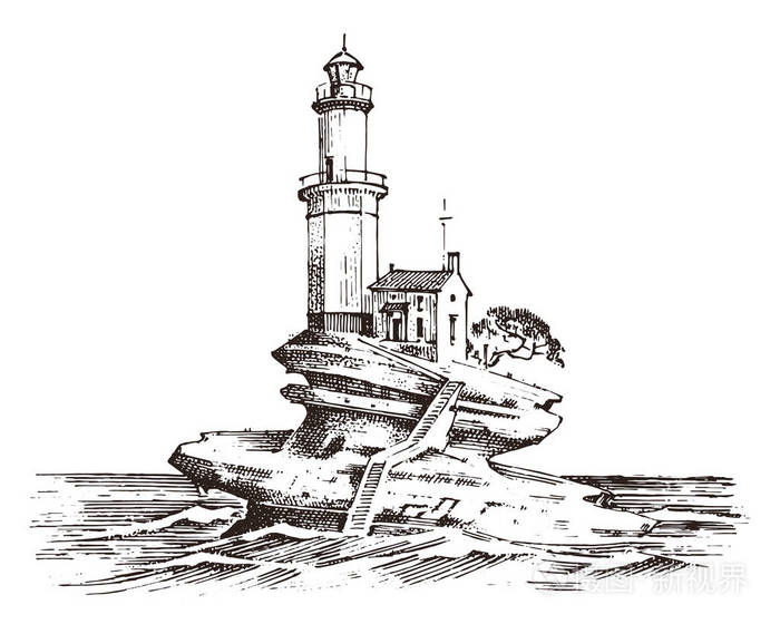 灯塔和大海.海洋素描, 航海旅行和海景.在海洋中照明.