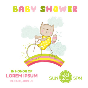 婴儿沐浴或到达卡宝贝女孩猫上一辆自行车向量中