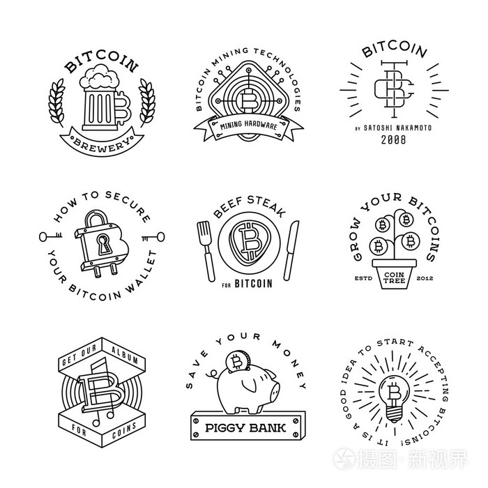 插画 比特币徽标模板设置.cryptocurrency 收藏徽章.数字货币图标.