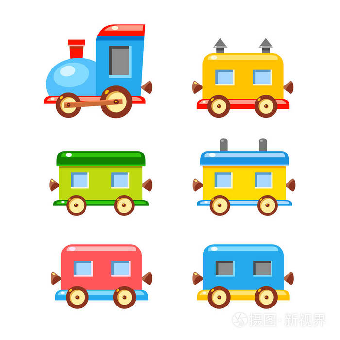 一套彩色矢量马车的火车.明亮的卡通插图.可爱的儿童运输.玩具铁路.