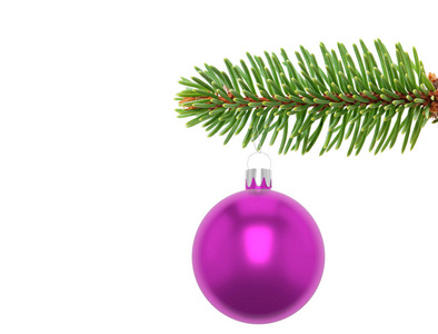 3d. 一个波尔多圣诞球饰品挂在一棵常青树树枝边缘上的插图特写, 在白色背景上被隔离