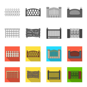 一块金属和砖块的栅栏, 木栅栏。一个不同的围栏集合图标在单色, 平面式矢量符号股票插画网站