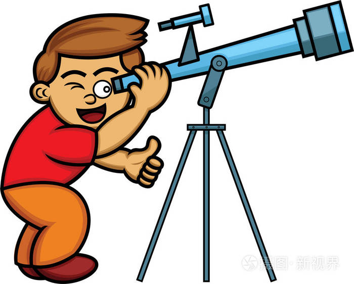 通过望远镜观察一个男孩的卡通插图.矢量字符