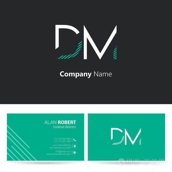 商标设计的 dm 字母 笔触样式字体 名片模板的黑色和绿色的颜色