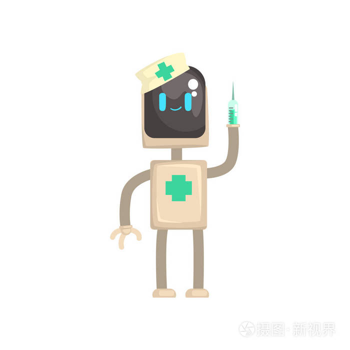 机器人医生字符, android 与注射器在它的手卡通矢量插图