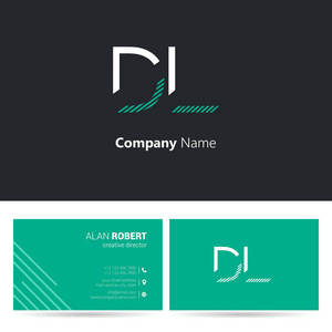 Dl 字母徽标设计, 笔触样式字体, 名片模板, 黑色和绿色颜色