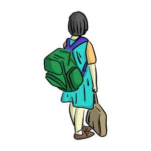 快乐和微笑的小女孩与书包在她的背矢量插图素描手画与黑色线隔离在白色背景。教育和学校概念