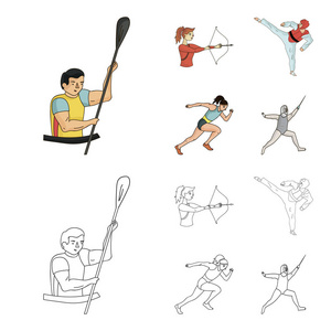 射箭, 空手道, 跑步, 击剑。奥林匹克体育集合图标在卡通, 轮廓风格矢量符号股票插画网站
