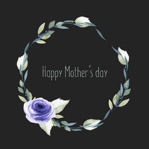 水彩蓝玫瑰和树枝花环, 贺卡模板, 手绘深色背景, 母亲节贺卡设计