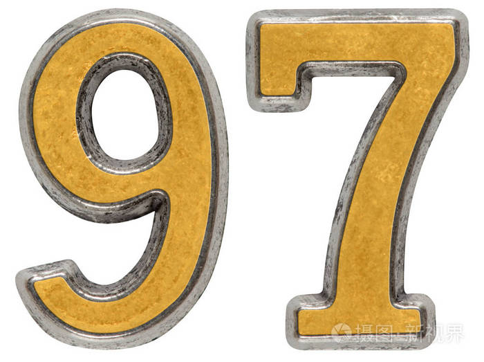 金属数字 97,有百分之九十七,在白色背景上孤立