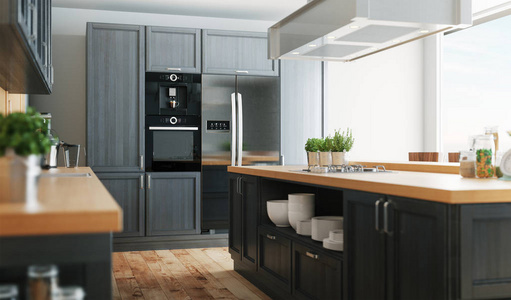 现代厨房与镶木地板和灰色 fornitures, 3d 渲染例证
