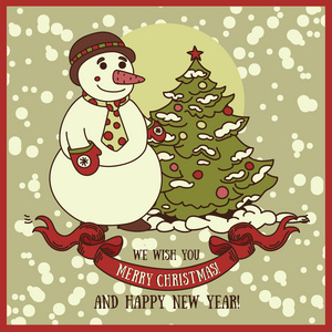 可爱的圣诞雪人是面带笑容的卡片