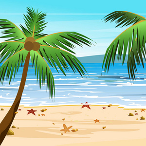 海滩的向量例证与棕榈, 沙子, 蓝色海洋水和天空。卡通平面风格的夏日热带景观