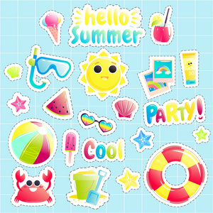 你好夏天。一套可爱的海上物品。美丽的太阳蟹, 西瓜, 沙滩球和水桶