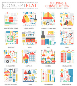 信息图表迷你概念建筑施工工具网站的图标。优质的色彩概念平面设计 web 图形图标元素。建筑施工工具概念