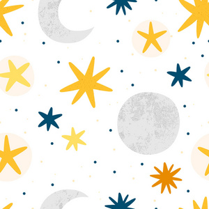 带月亮和星星的无缝矢量图案。可爱的夜空纹理