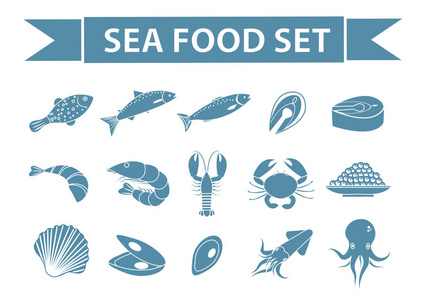 海食品图标集向量轮廓阴影样式。孤立在白色背景上的海鲜集合。鱼产品图，设计元素