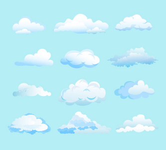 在平面卡通风格的浅蓝色背景白云的矢量例证。不同形状的云彩