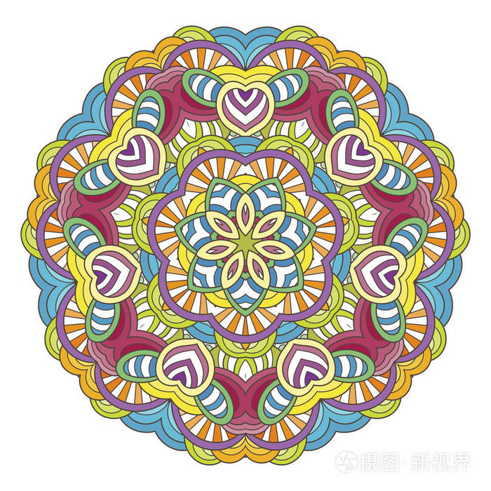 花向量曼荼罗.东方圆圈图案, 着色插图