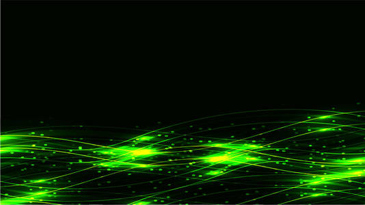 绿色透明抽象闪耀的神奇宇宙神奇能量线, 光线与亮点和点和光极光在黑暗背景下, 从下面。矢量插图