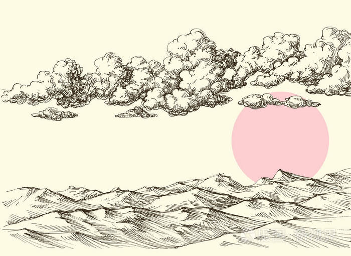 插画 沙漠沙丘上的云层和太阳.沙漠景观图.eps