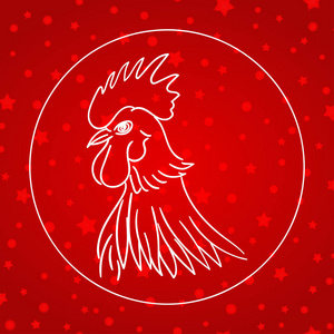 矢量图的公鸡，象征 2017年。剪影白公鸡，用雪和明星的红色图案装饰。中国新年设计背景